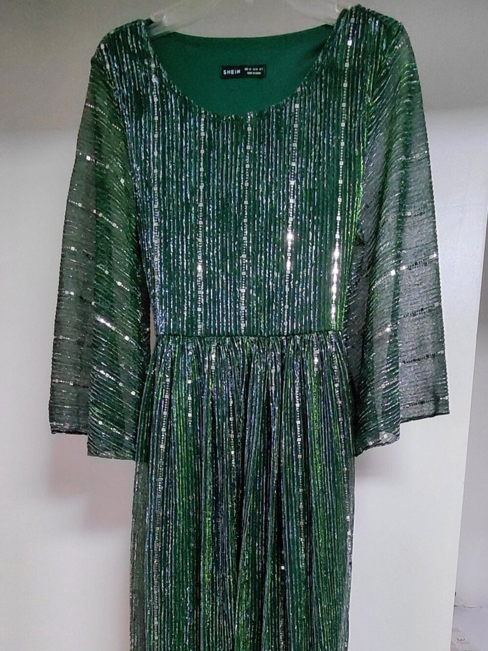 Flounce Sleeve Belted Sequins Women's Green XS Small Dress